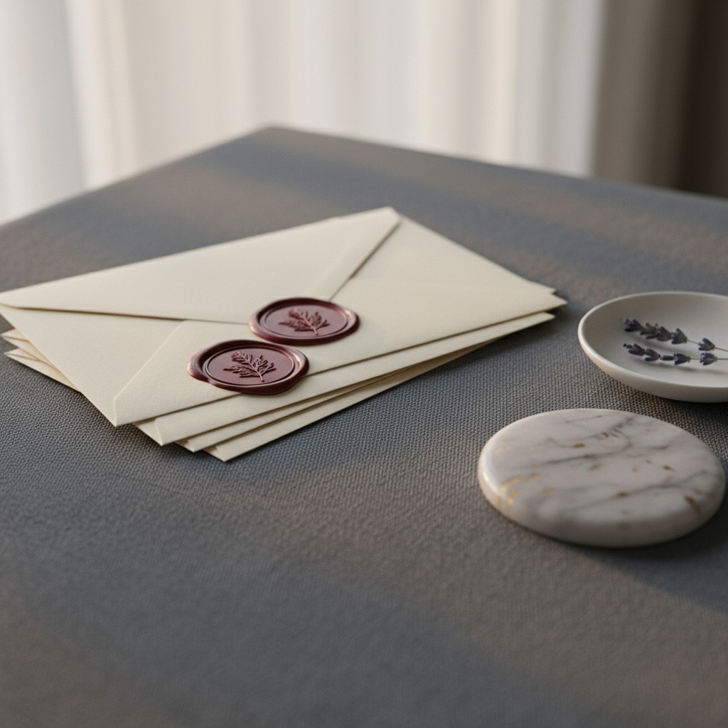 Wax-sealed envelopes on a table with a marble coaster and white dish.