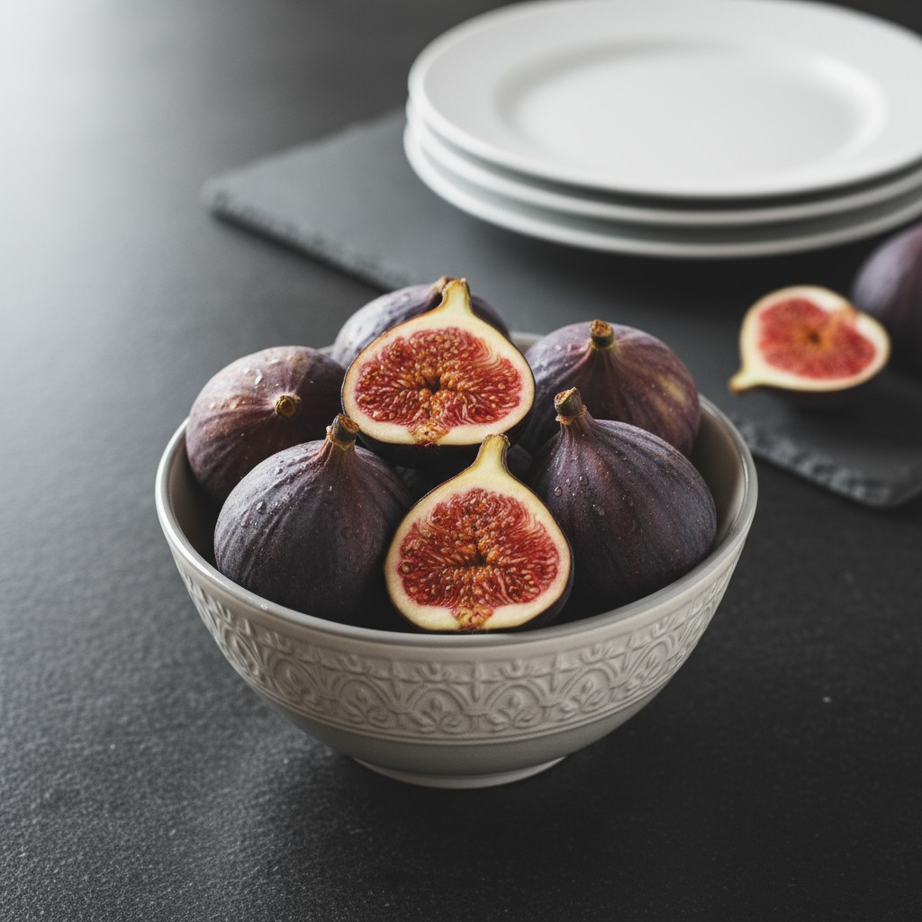 Here is a short paragraph of text: "Fig tree fruit cut in half and being stored in a bowl, plates suggesting it's a table ...